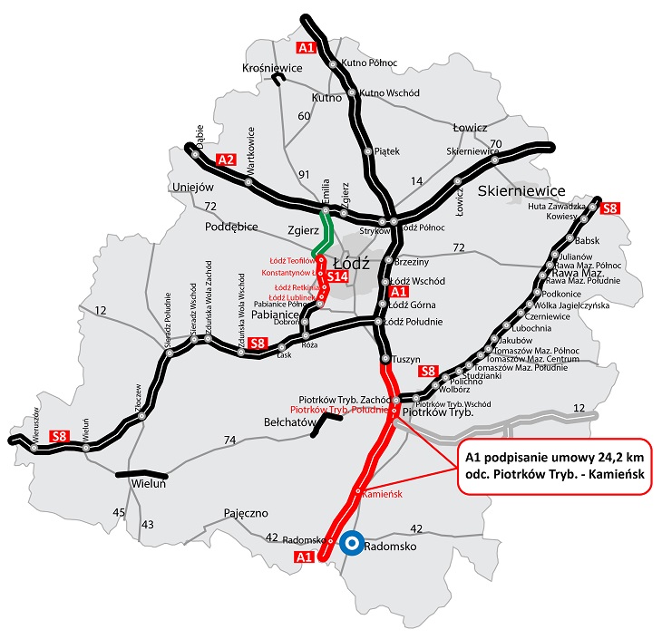 A1 węzeł Piotrków Trybunalski Południe–węzeł Kamieńsk. Źródło: GDDKiA